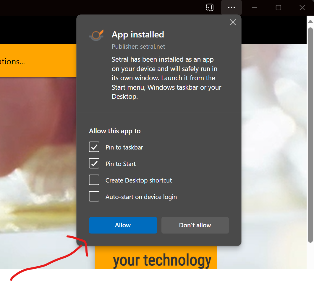 setral pwa download pop-up