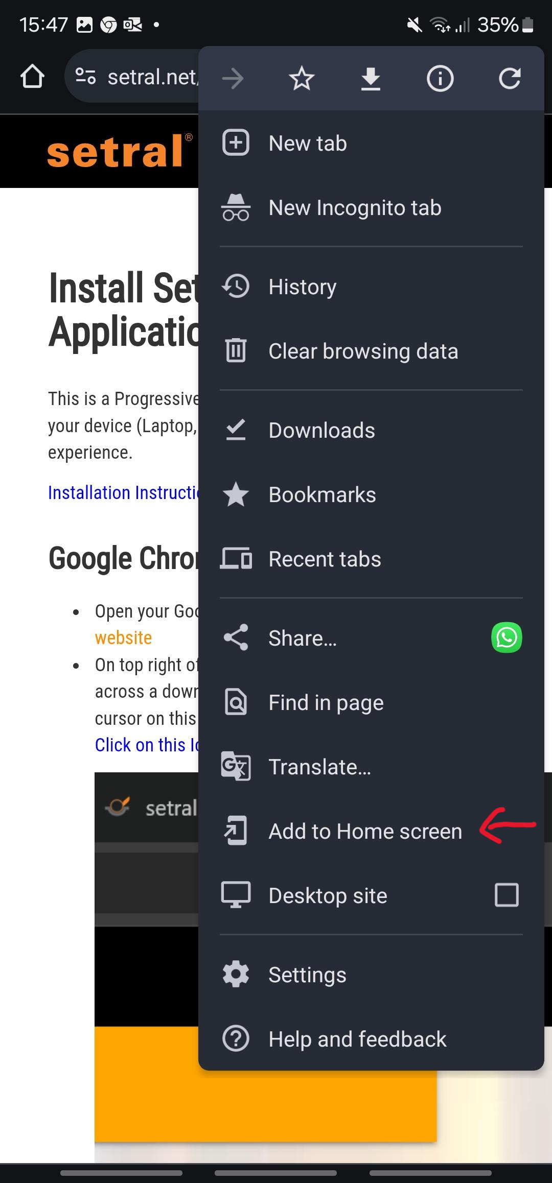 setral pwa download pop-up