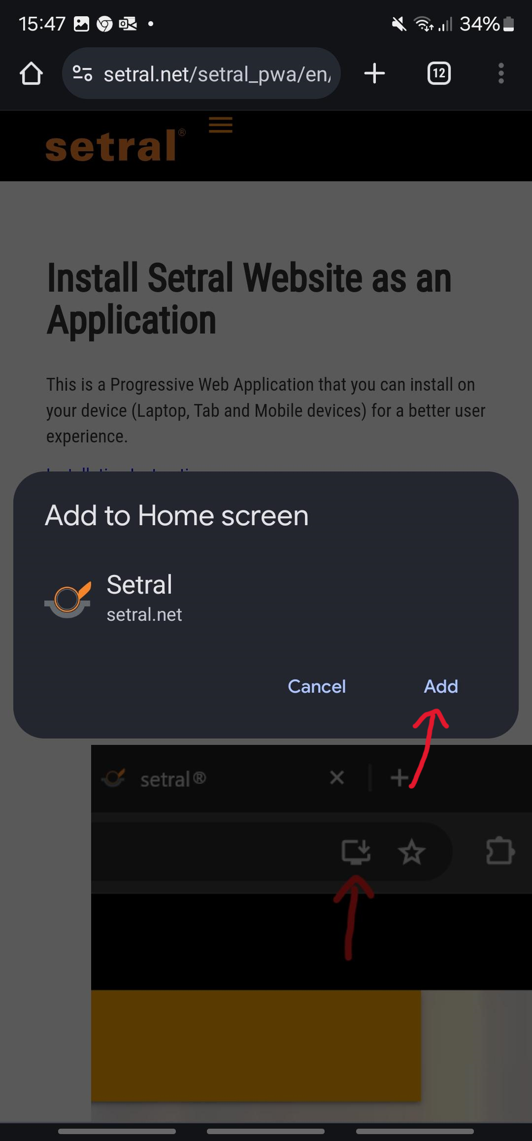 setral pwa download pop-up